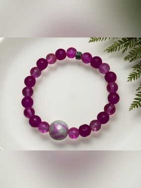 Hand Crafted Fuchsia Beaded Stretch Bracelet with Iridescent Accent